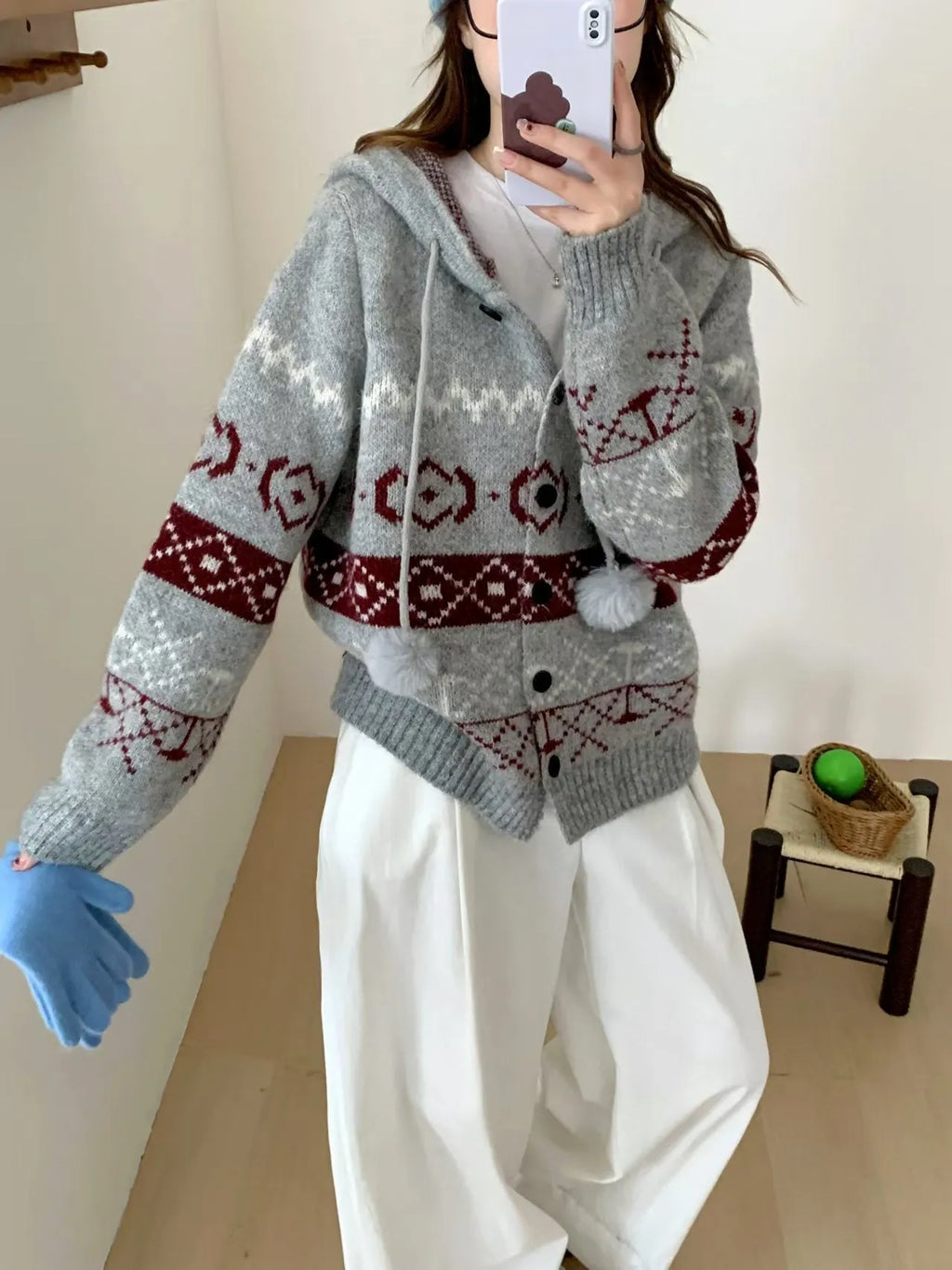 Geometric pattern brocade sweater coat for plus size women in loose fit.