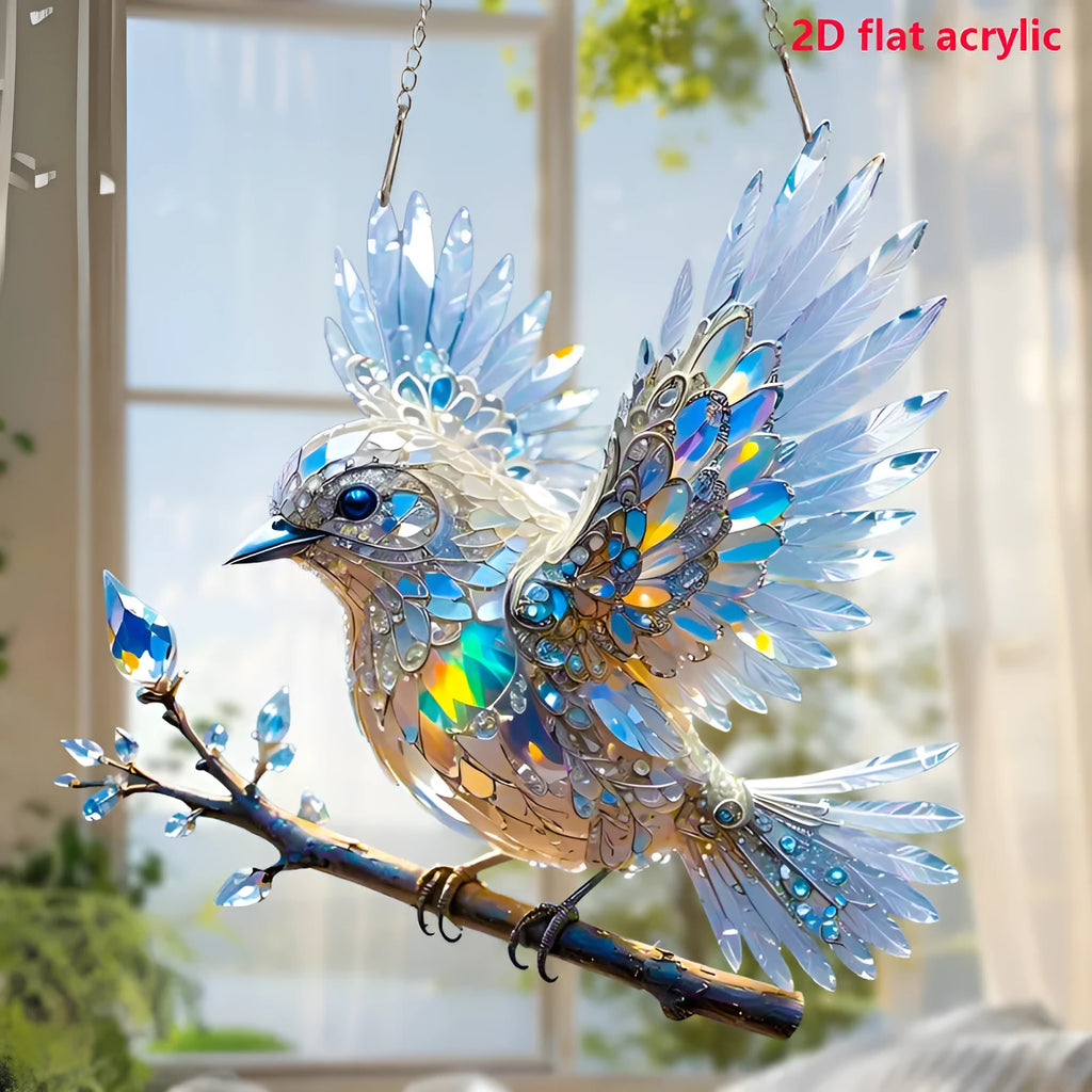 UV printed cartoon bird design on a square acrylic pendant for wall decoration.