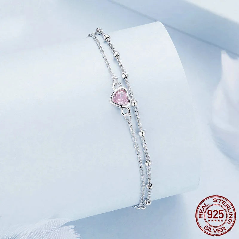 BSB152 coloured 925 Sterling Silver bracelet with heart-shaped pendant for women.