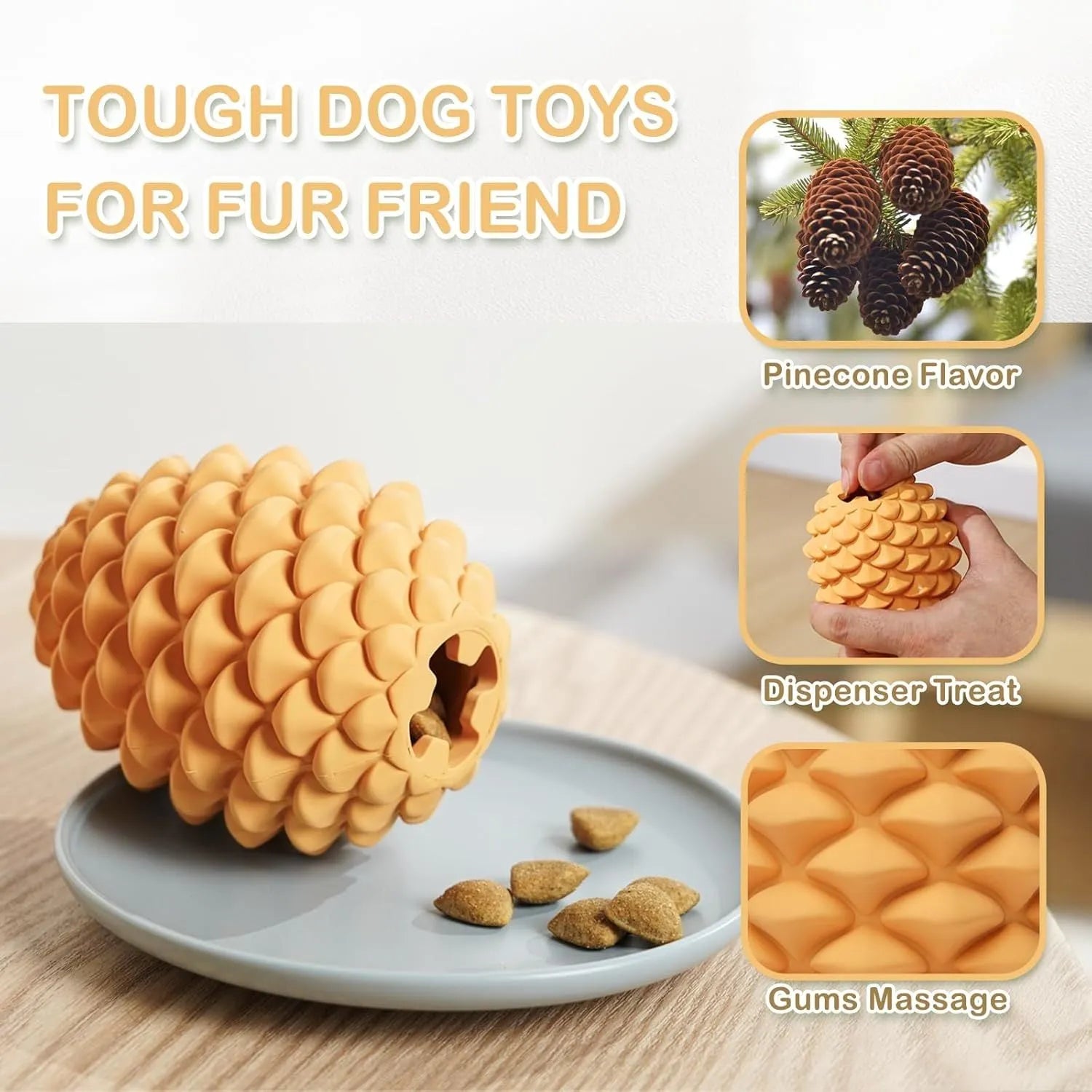 Yellow pine cone shaped natural rubber dog toy with treat dispenser hole