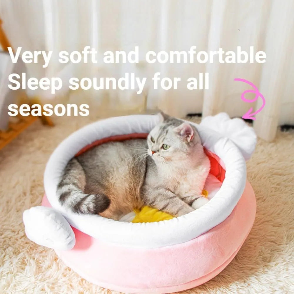 Pink honey pot shaped cat sofa bed with decorative wands and removable cushion