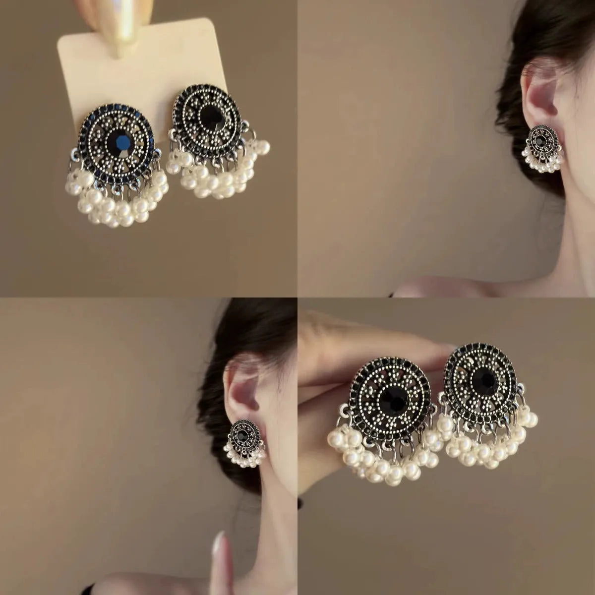 Pair of Miao maiden pearl earrings in round geometric shape with electroplating finish