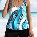 Blue tie-dye floral patterned women's two-piece swimsuit with a split cup top.