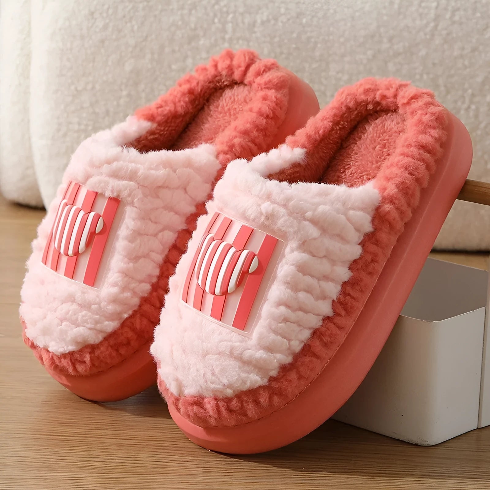 Lamb wool non-slip indoor slippers for couples in winter, thick sole with car stitching