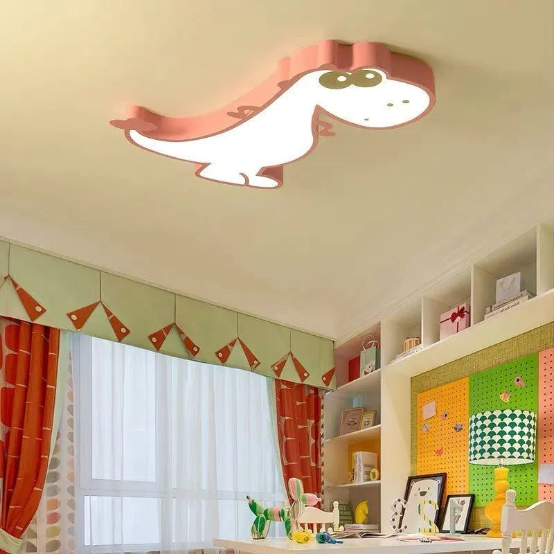 Green cartoon dinosaur ceiling light with aluminium body and PVC shade, electrodeless dimming function