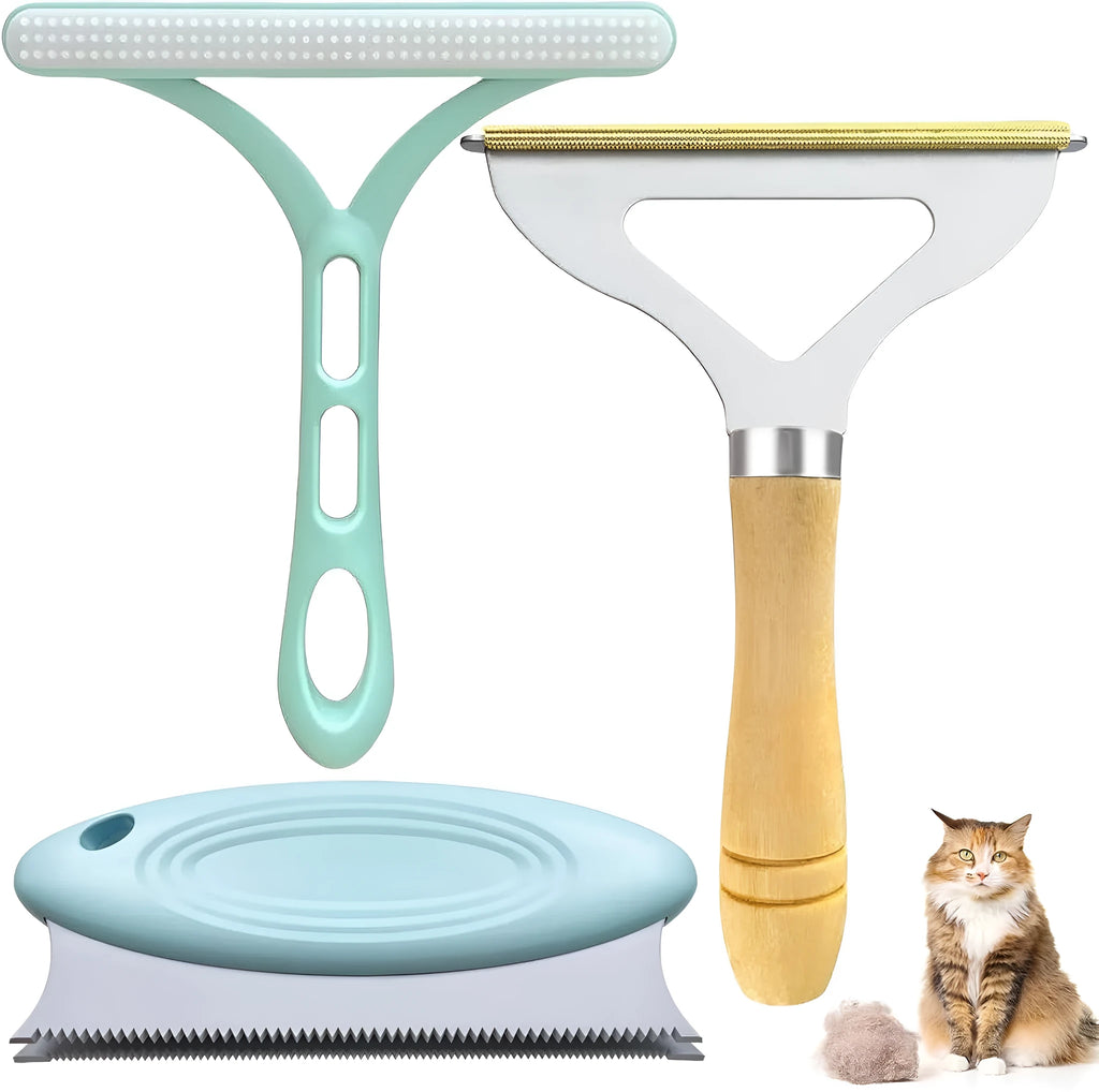 Three-piece pet hair remover set with copper head tool, silicone brush and round cleaner