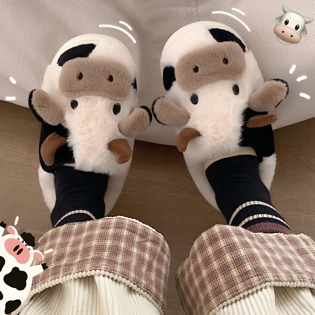 Women's white cow print faux fur slippers with anti-slip textured soles