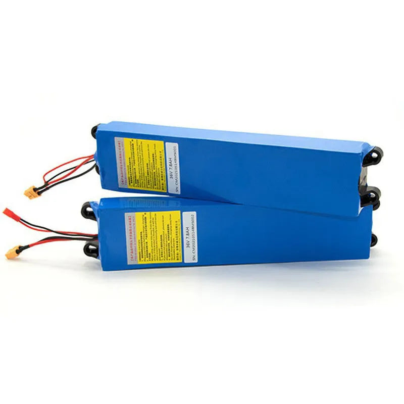 36V lithium battery pack for electric scooter replacement, showing options for 6.6A, 7.8A, and 10.4A capacities.