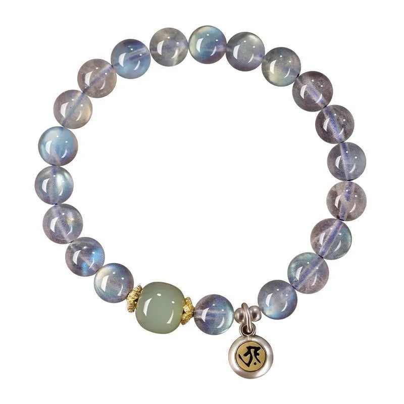 Moonstone birth Buddha beads bracelet with Thousand-Hand Kwan-yin mouse design and moonlight crystals
