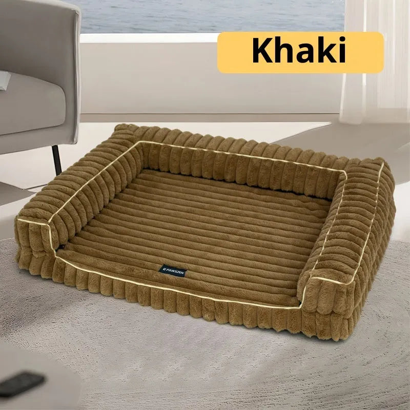 Kennel stripe dehaired angora removable pet bed with corduroy cushion in white for dogs, available in 75x50, 100x75, 120x75 cm sizes