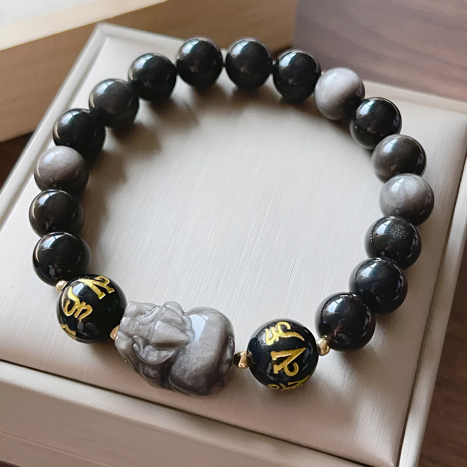 Natural silver stone men's bracelet with zodiac symbols and proverb beads