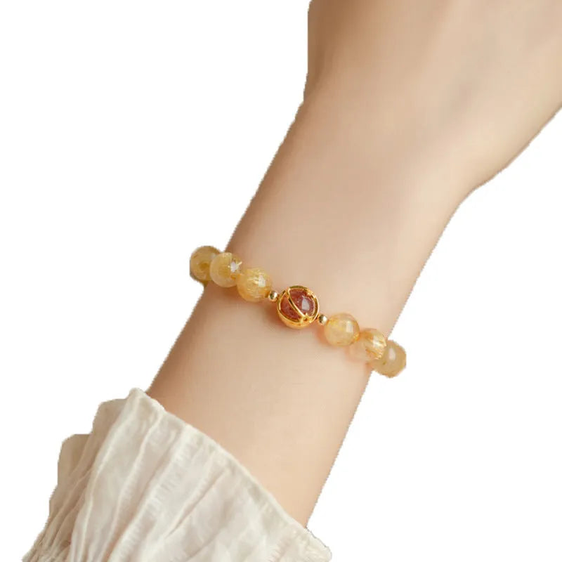 Citrine and gold rutilated quartz crystal bracelet in Korean style with diamond shapes