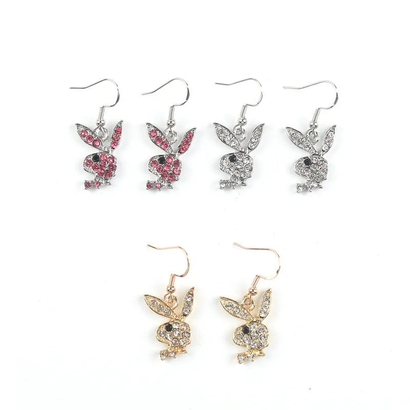 Cute full diamond rabbit stud earrings in silver, pink, and gold alloy.