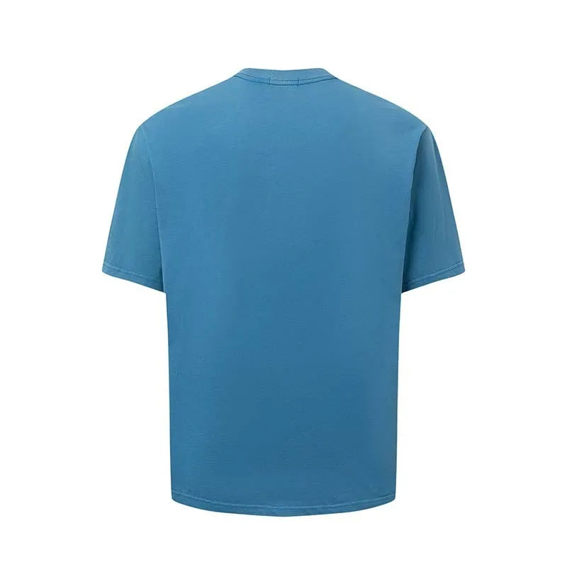 Man's loose blue cotton blend T-shirt with white retro letter printing on the front.