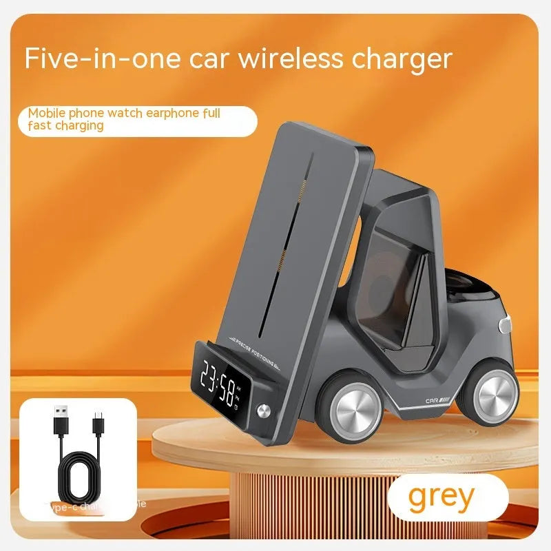 Grey three-in-one wireless charging stand holding a phone, earphones and a smart watch.