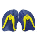 A pair of webbed swimming training hand paddles for freestyle stroke development, shown in various colours.