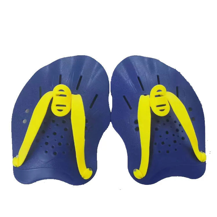 A pair of webbed swimming training hand paddles for freestyle stroke development, shown in various colours.
