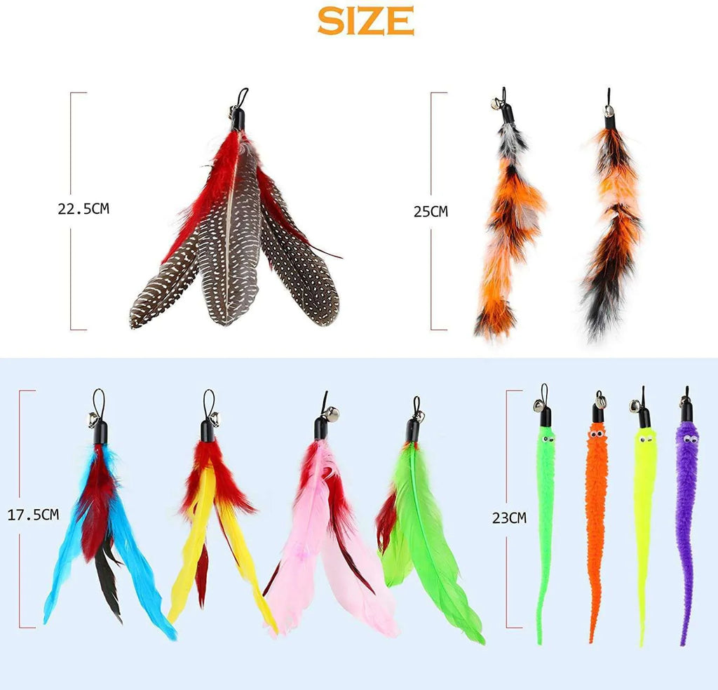 Cat feather teaser fishing rod set with two poles and ten colourful replacement heads