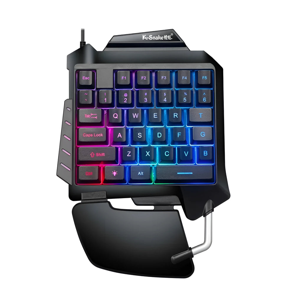 Black one-handed left-hand gaming keyboard with hand rest for desktop throne converter setup.