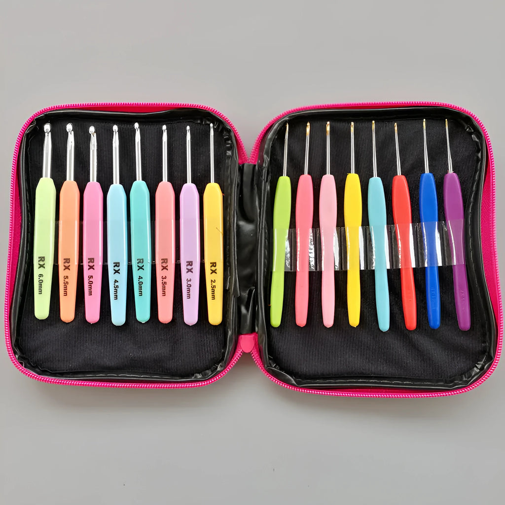 16-piece crochet hook set showing thick and thin handles with storage bag