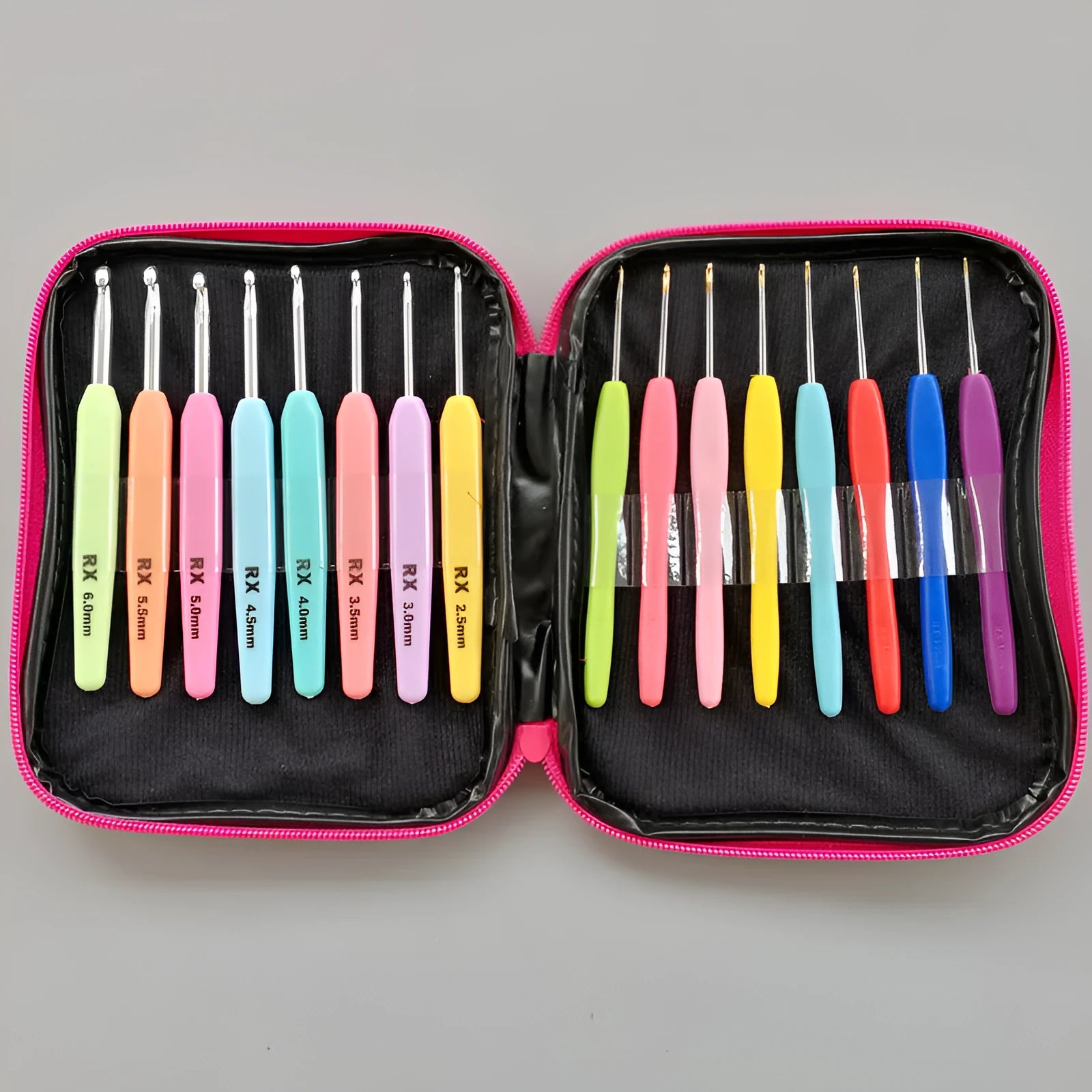 16-piece crochet hook set showing thick and thin handles with storage bag