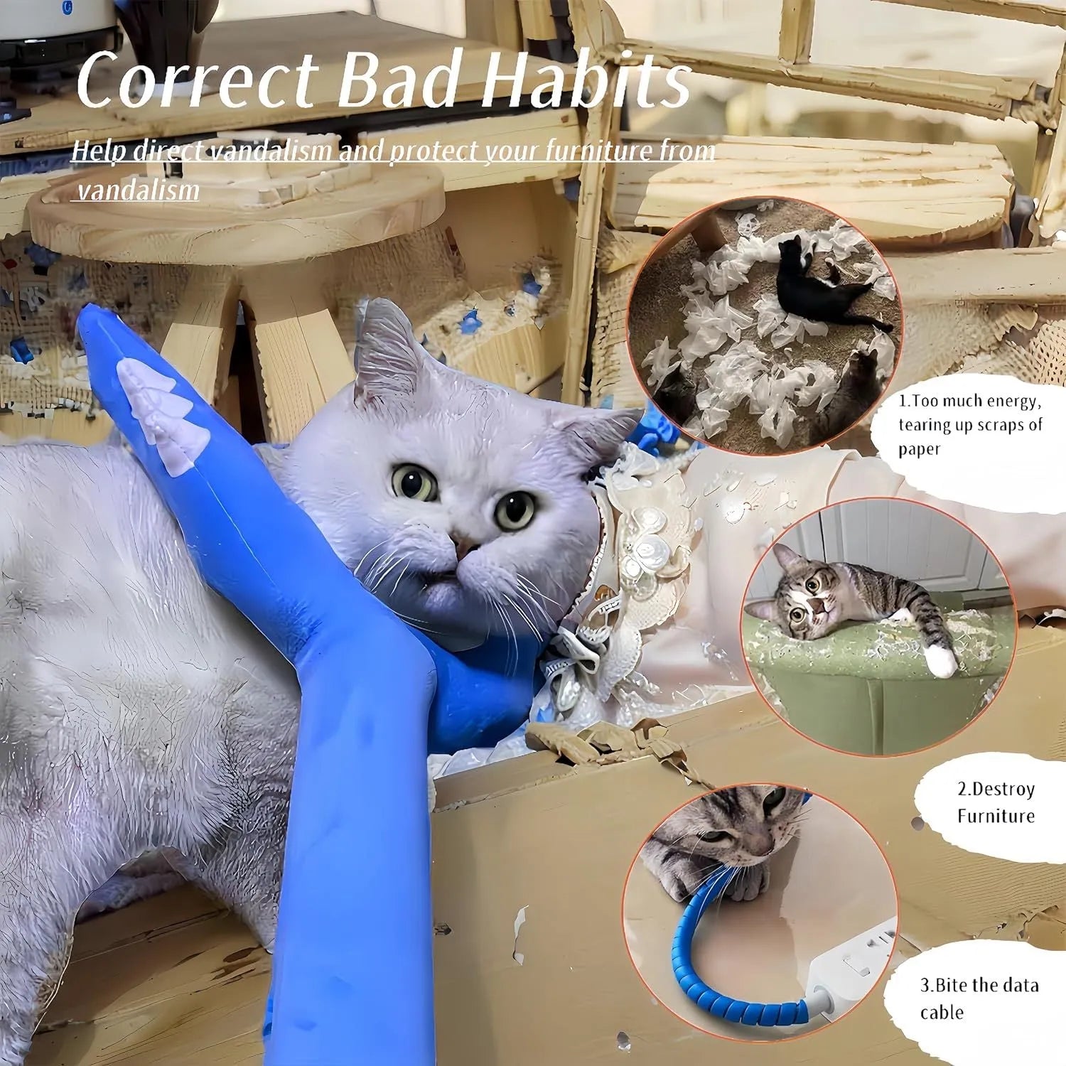 70cm blue plush cat wand toy with foam-filled front section for interactive pet play