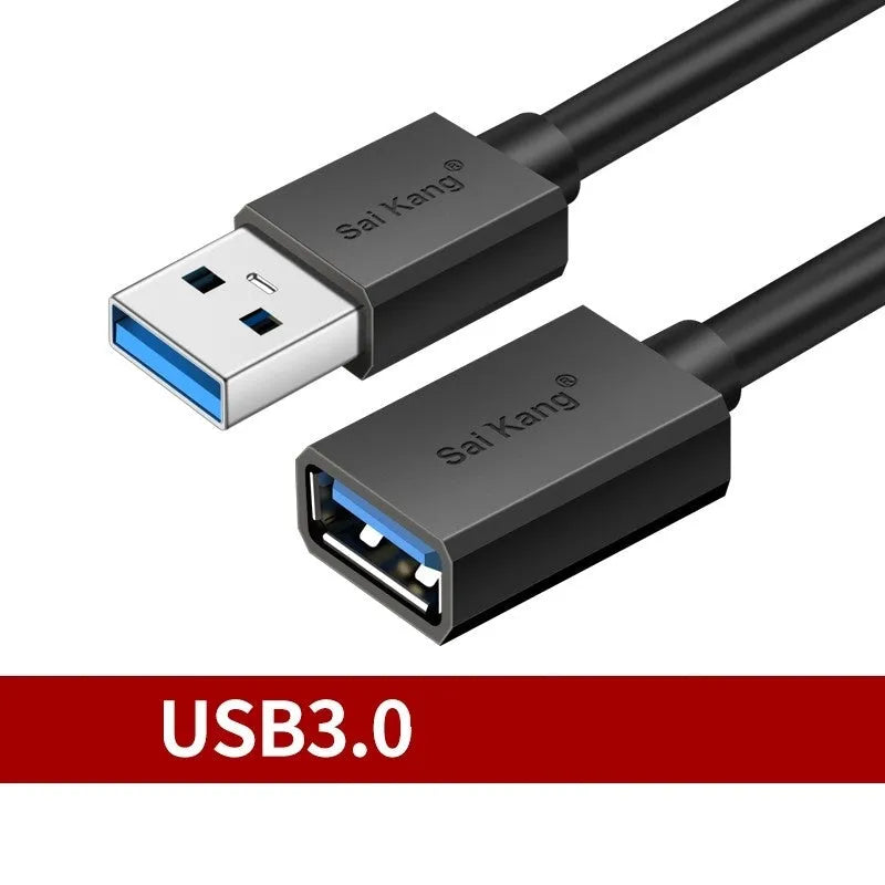 Black USB extension cable with male and female connectors, shown with length options from 1 to 5 metres.