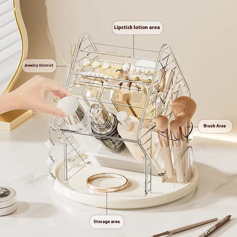 Rotating clear plastic cosmetics storage box with compartments on a 360-degree spinning base.