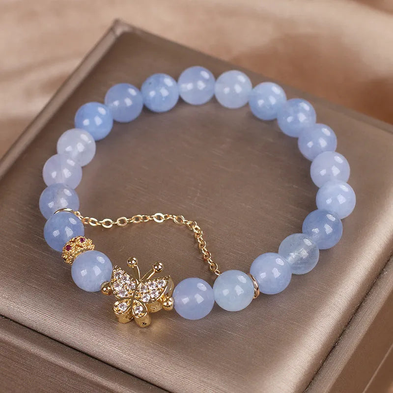 Sky blue aquamarine butterfly crystal bracelet for women with rhinestones and pearls on 17cm electroplated chain