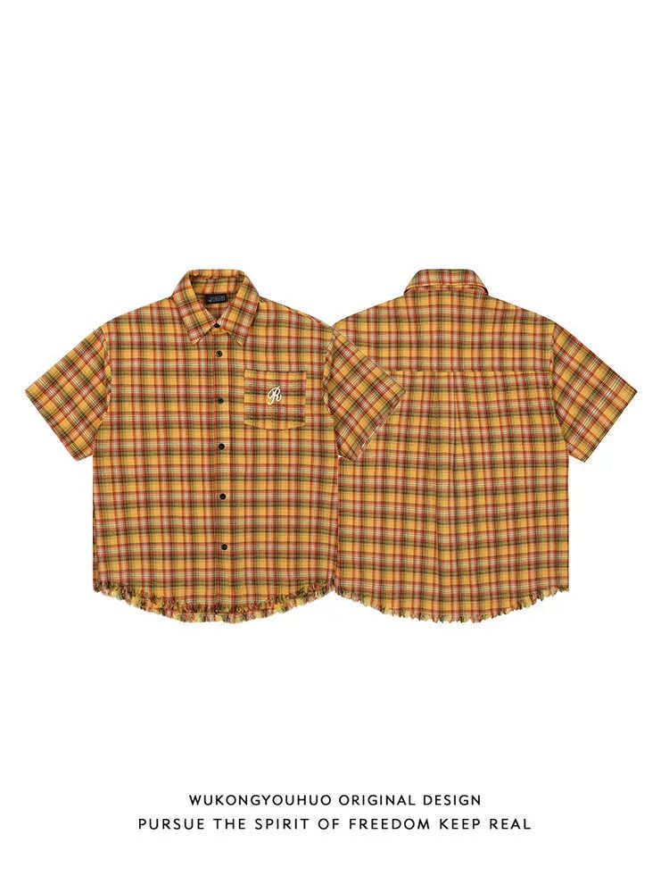 Yellow plaid short sleeve shirt with embroidered pocket for men and women