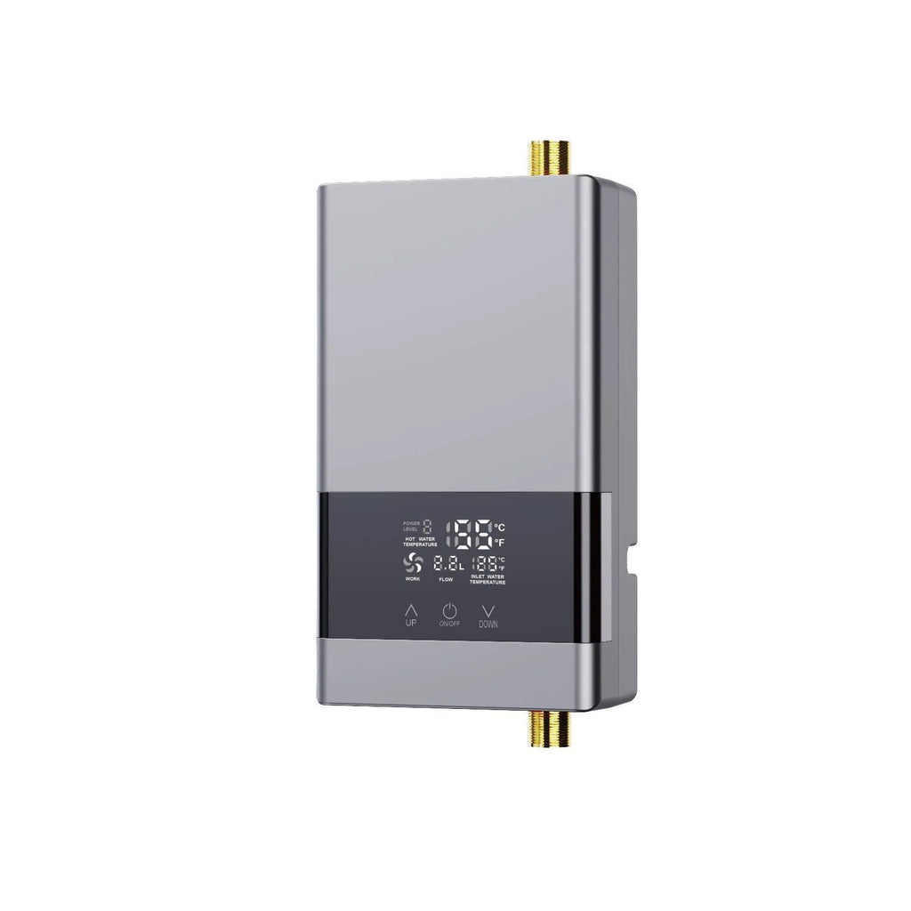 Household constant temperature water heater with LED touch screen in gold, silver, or white finish.