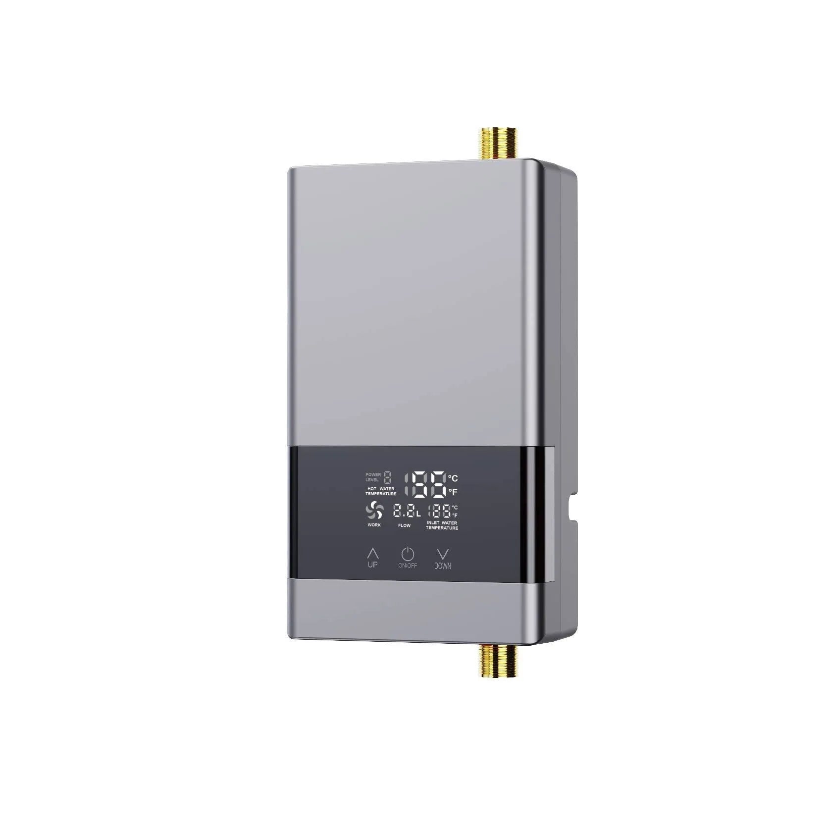 Household constant temperature water heater with LED touch screen in gold, silver, or white finish.