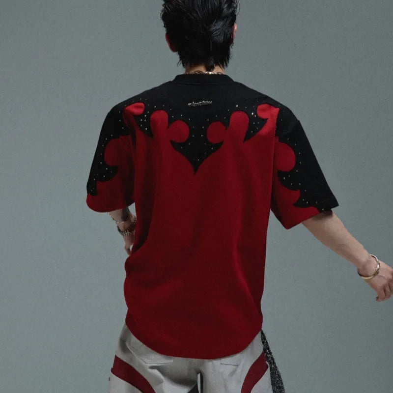Men's grey cotton T-shirt with a 3D stitched flower and rhinestone design, showing drop-shoulder short sleeves.