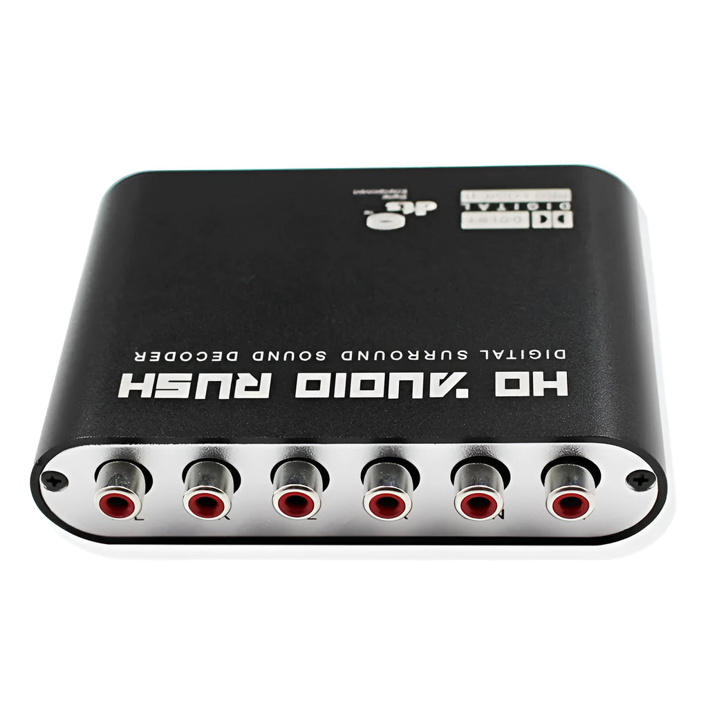 Black digital to analogue audio decoder with optical fibre, coaxial, and stereo inputs for 5.1 channel sound output