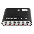 Black digital to analogue audio decoder with optical fibre, coaxial, and stereo inputs for 5.1 channel sound output