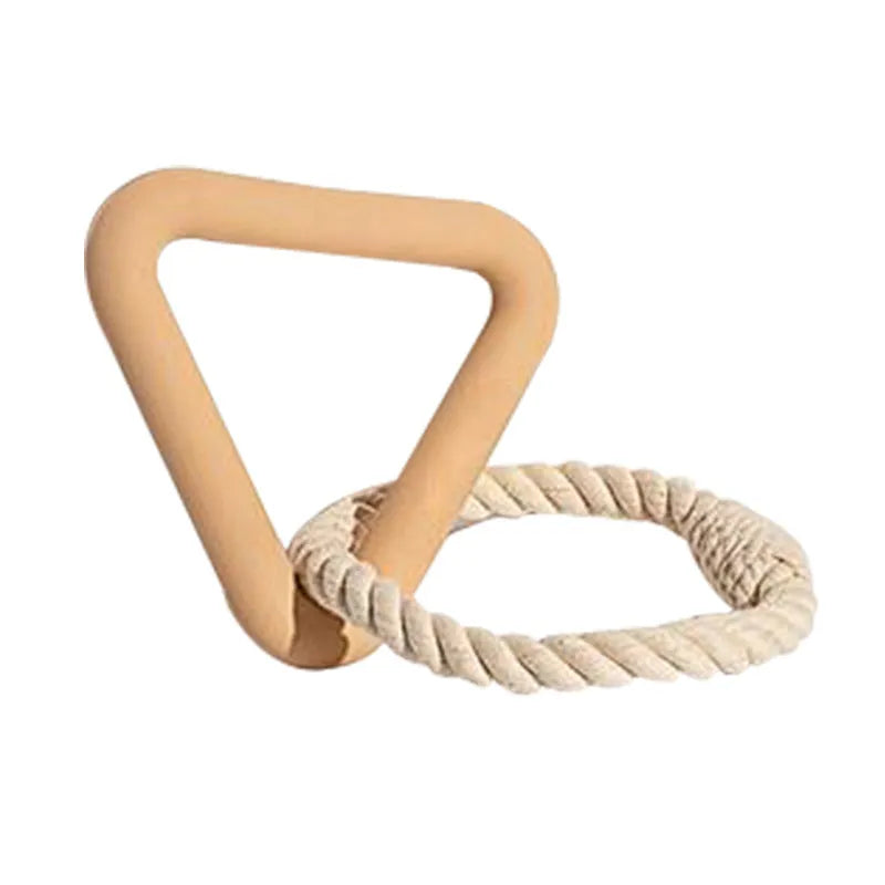 Large triangular cotton rope pull ring pet toy with a long leash in beige, pink, or purple colour options.