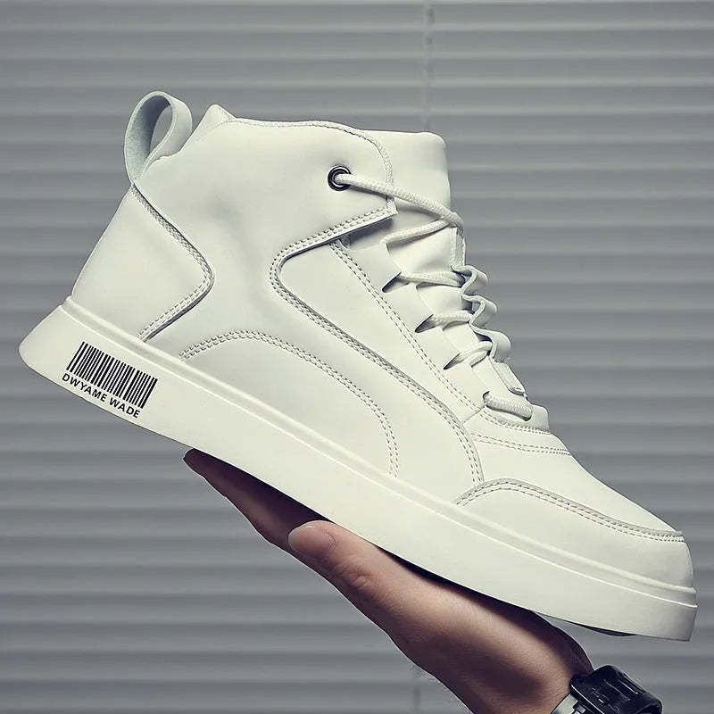 Men's white and black mid-top casual board shoes with lace-up front and rubber sole