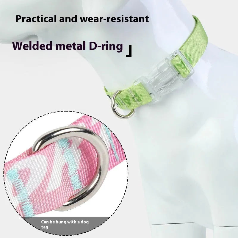 Adjustable nylon dog collar with a colourful cartoon gradient print, shown with a buckle.