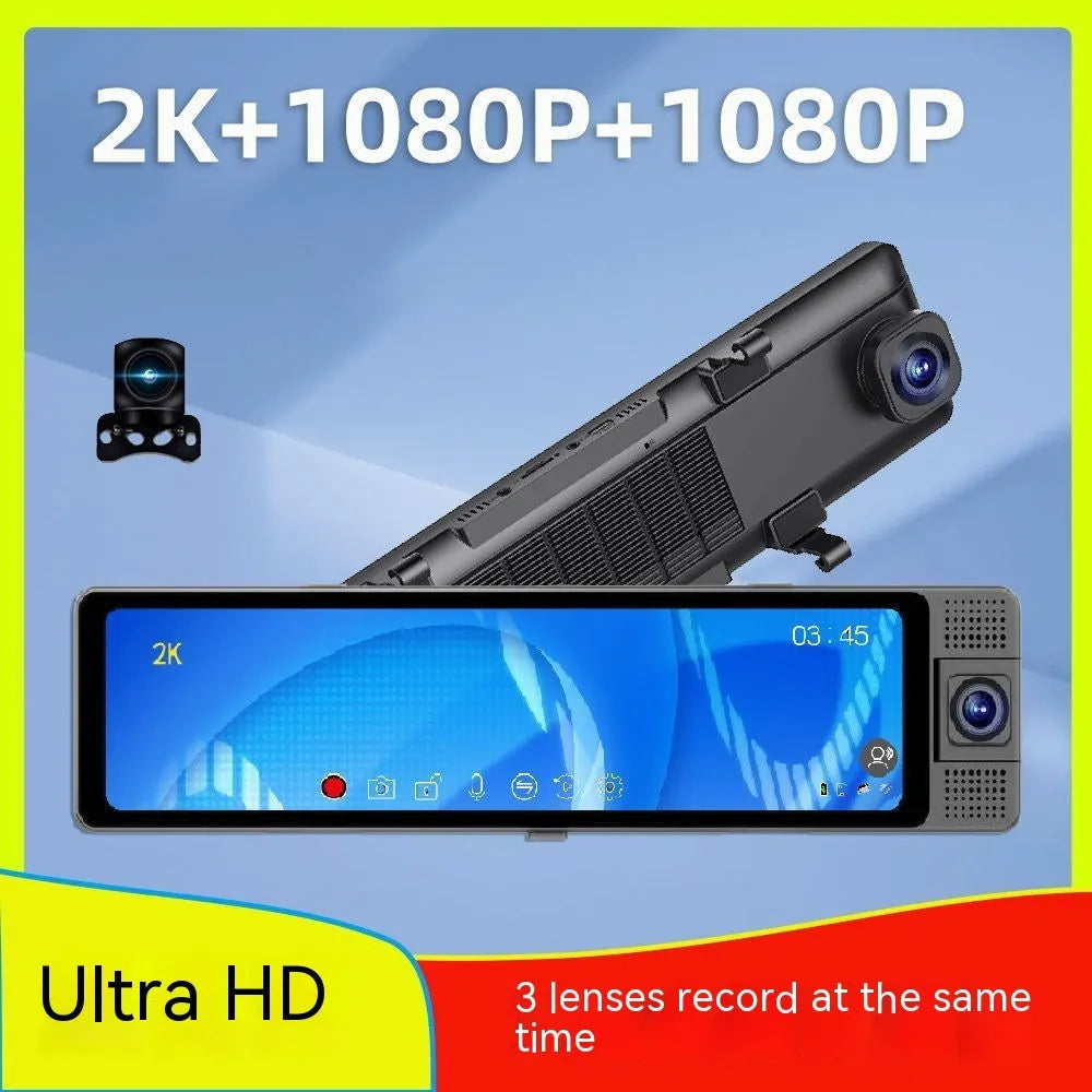 12-inch car video rearview mirror driving recorder with touch screen and three-lens system