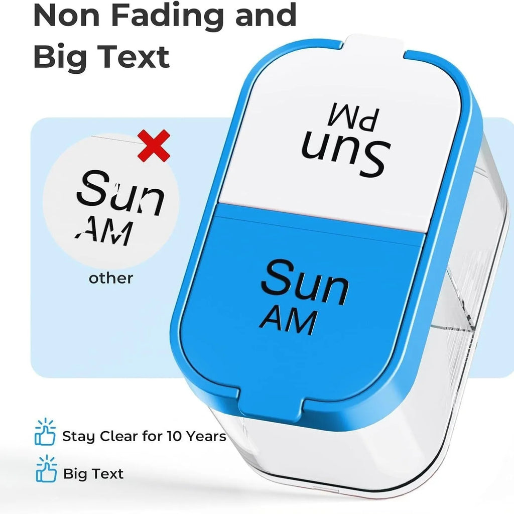 Large white plastic pill organiser box with 14 compartments, shown disassembled into separate sections.