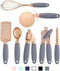 Stainless steel kitchen gadget 7 piece set showing bottle openers and can openers.