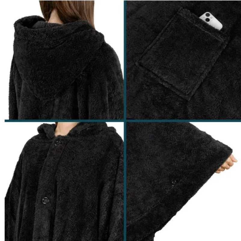 Thick hooded long sleeve bathrobe in a cardigan style, shown in black, dark grey, and pink colours.