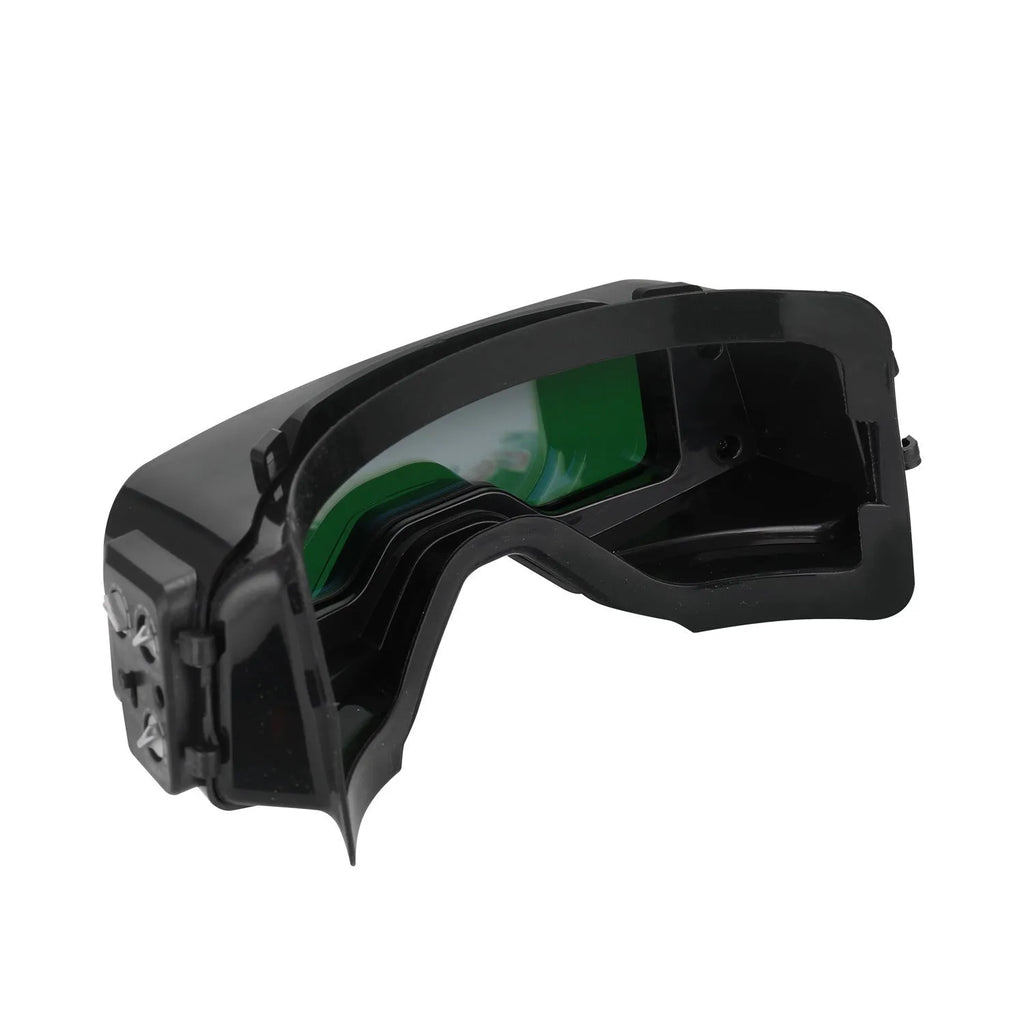 Black automatic darkening welding mask glasses with a large rectangular LCD viewing lens.