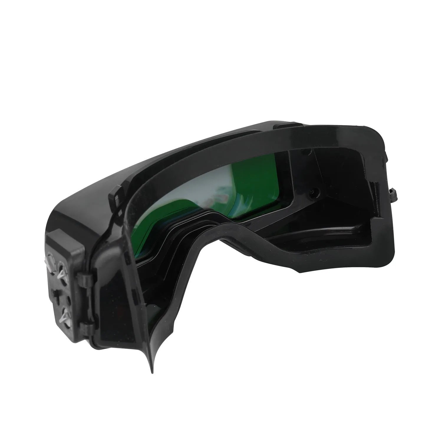 Black automatic darkening welding mask glasses with a large rectangular LCD viewing lens.
