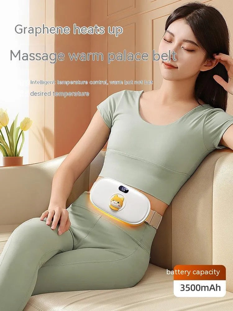 Rechargeable stomach heating pad with cute cat beige flannel cover showing 2000mAh battery and 45-65°C adjustable temperature