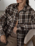 Women's dark brown striped long sleeve shirt with retro styling and optional pocket