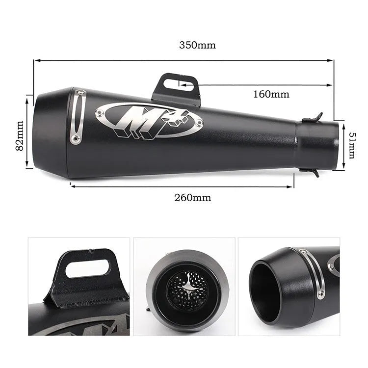 Universal M4 motorcycle exhaust pipe in black, titanium, blue and white steel finishes.