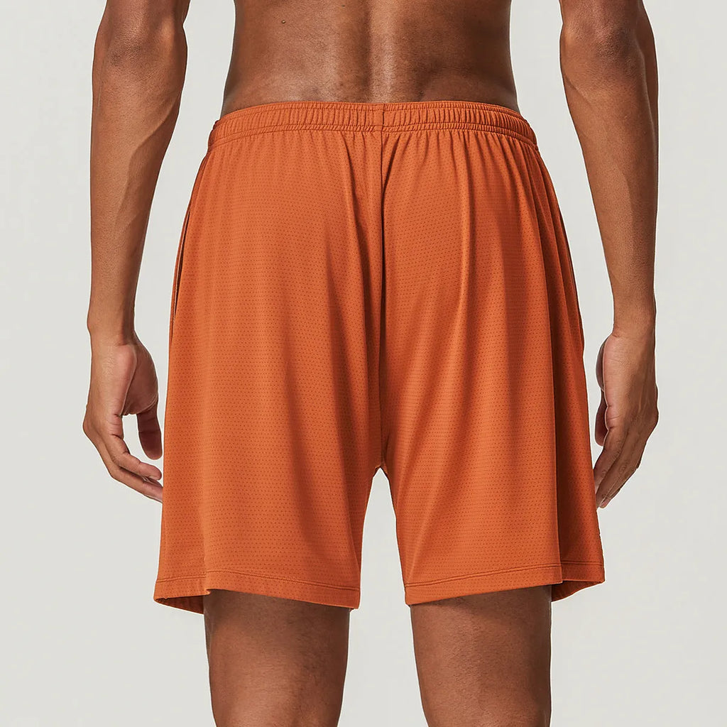 Men's sky green double-layer quick-dry running shorts with mid-waist and shorts length.
