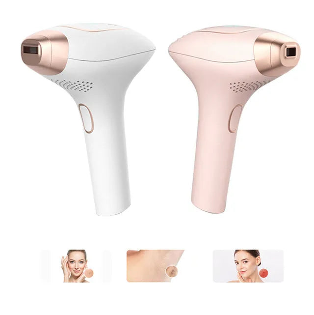 Three-in-one ice-sensing laser hair removal device in pink and white colours with shaver accessory