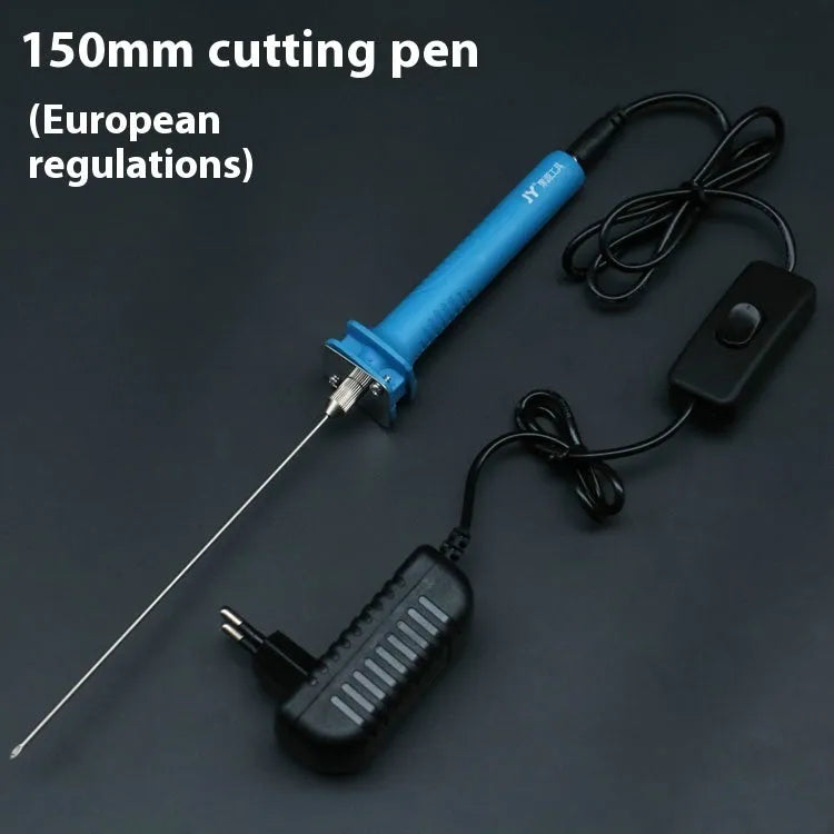 Blue electric heating cutter knife for cutting polystyrene foam boards, with plug adapter.